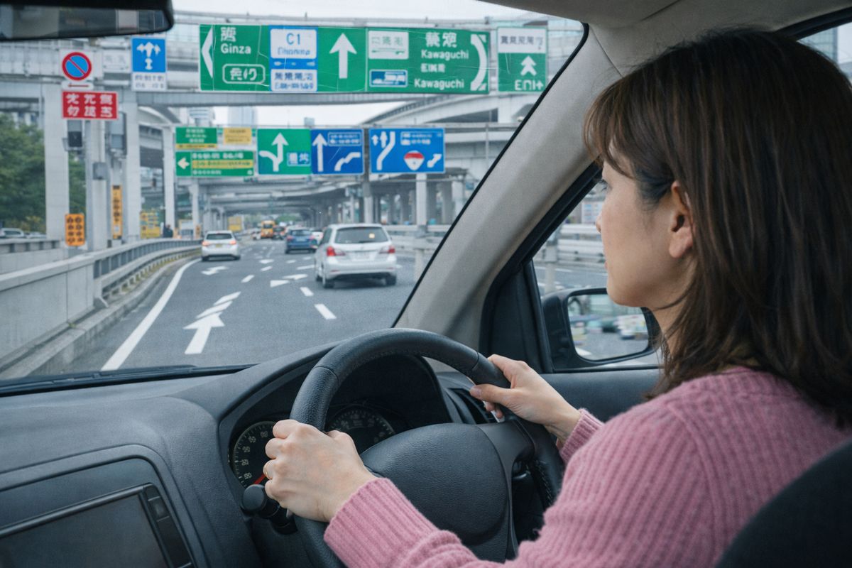 標識や車線案内が多い場面で迷いが出やすく緊張する状況を落ち着いて整理するイメージ