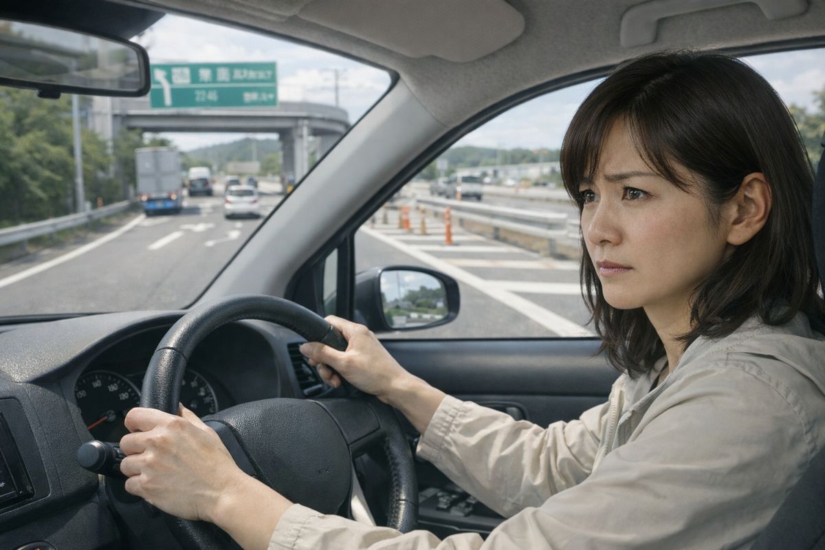 高速合流が近づき緊張する場面で、確認と判断が追いつかず不安になる状況