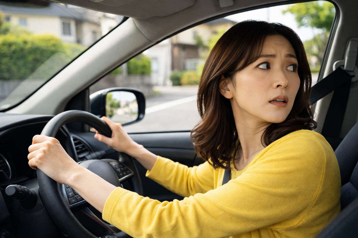 左右確認に意識が集中しすぎて緊張しているペーパードライバーの様子