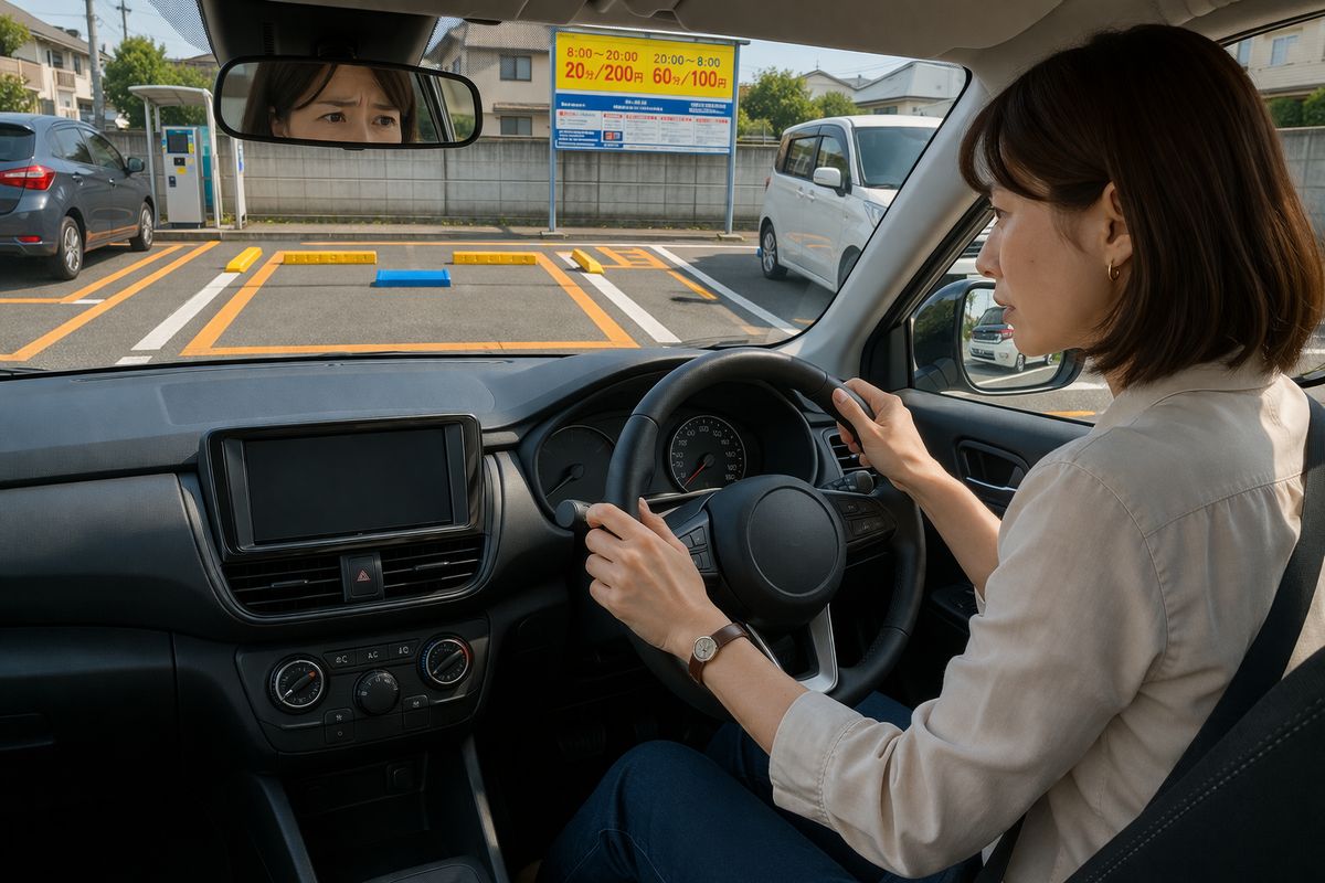 コインパーキングの枠の前で進入角度を迷い、少し緊張している様子