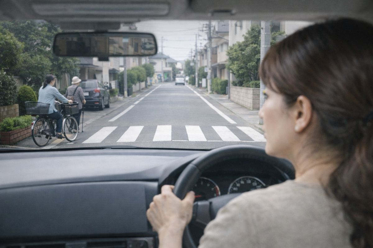 信号のない横断歩道で歩行者の動きが読めず判断に迷っている場面