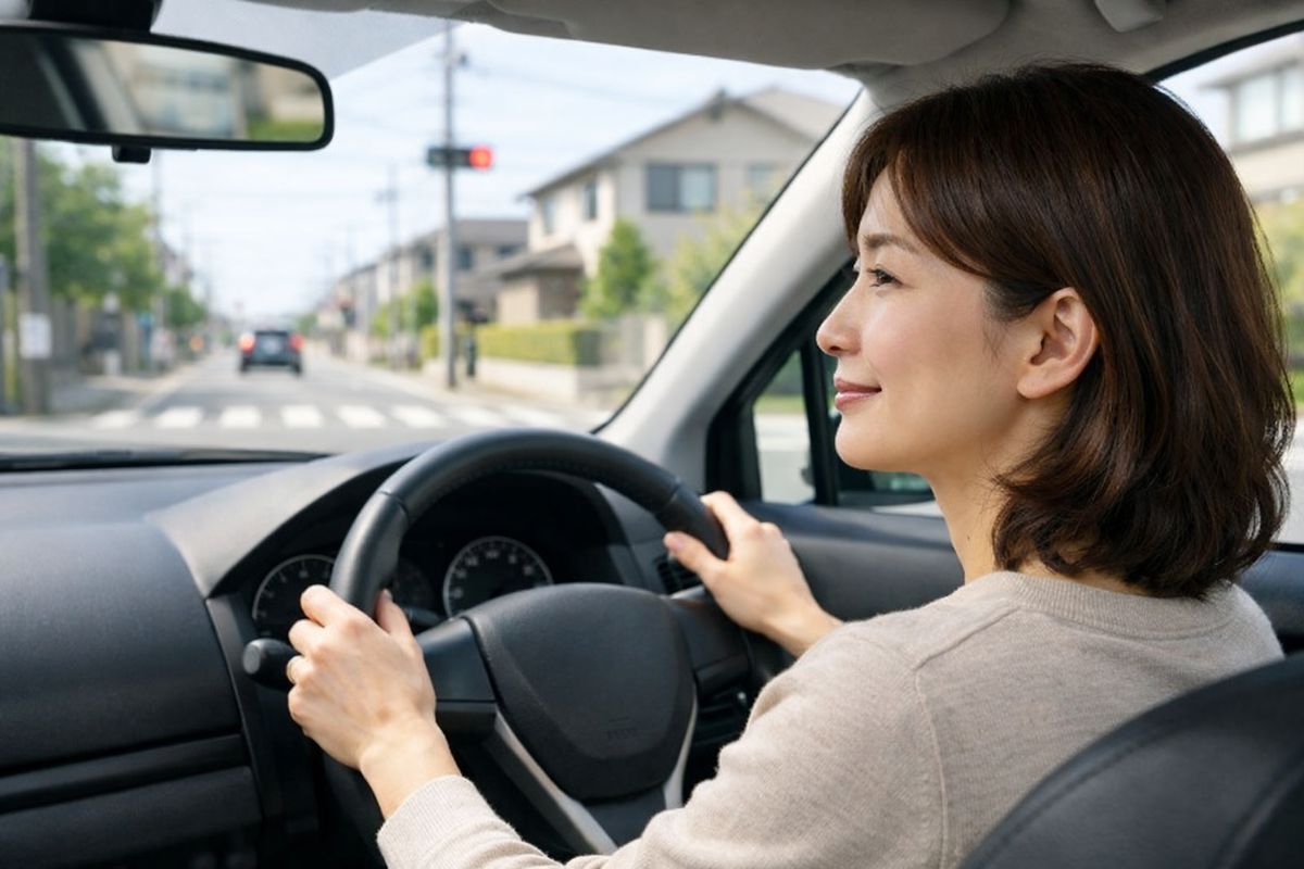 見通しが悪い横断歩道で周囲を丁寧に確認しながら慎重に近づく場面