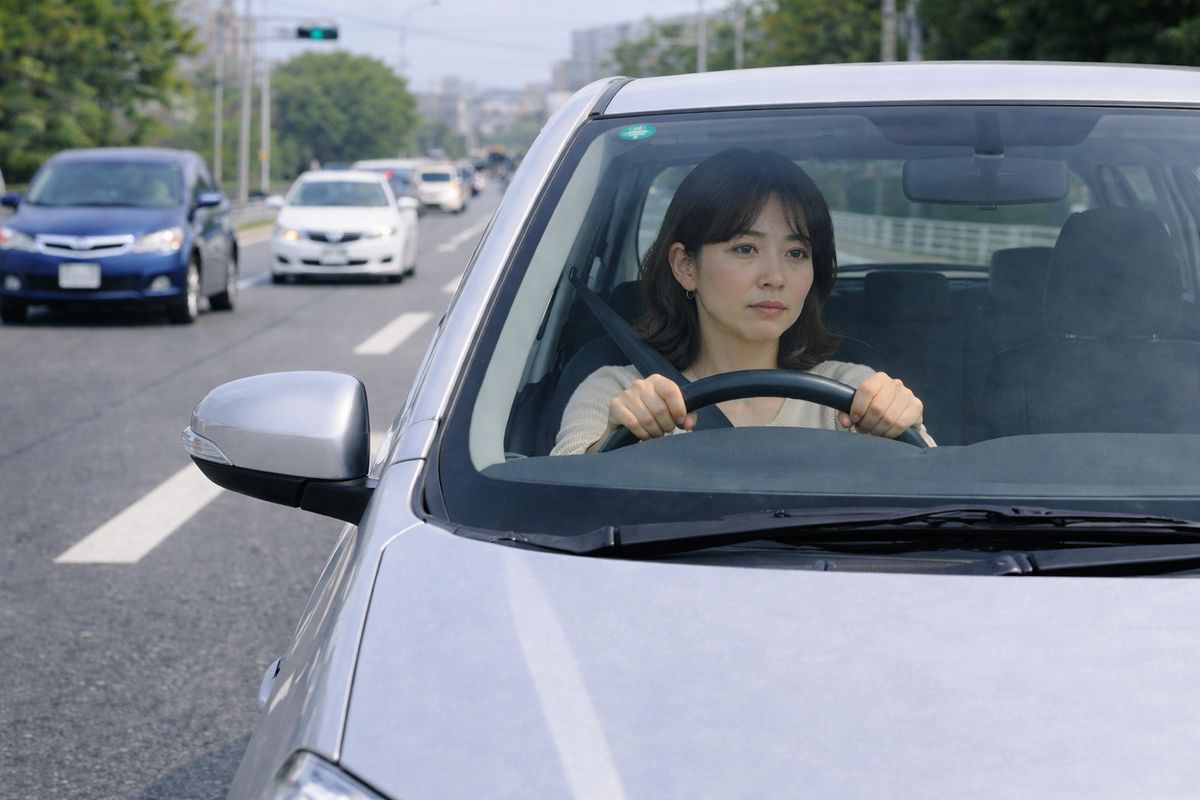 流れのある一般道で加速のタイミングに迷い、慎重になっている女性ドライバーの様子