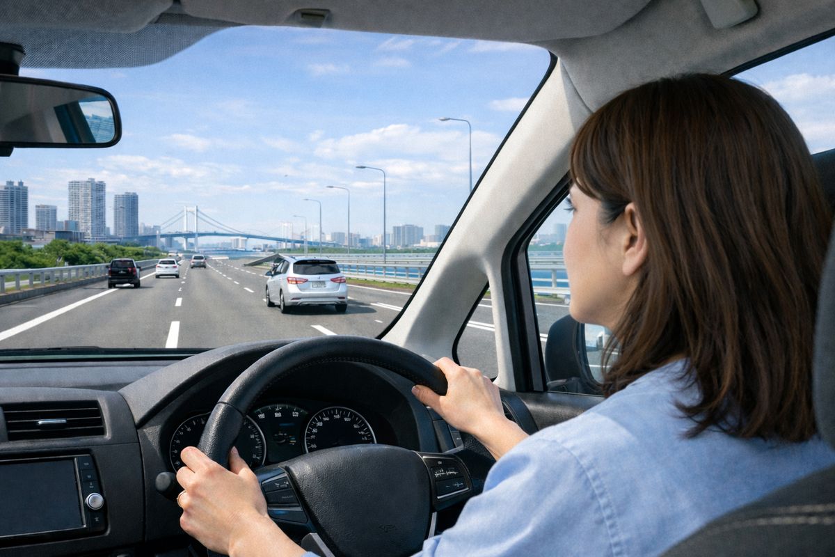 広い道路や案内標識の多さに少し迷いを感じながら運転している様子