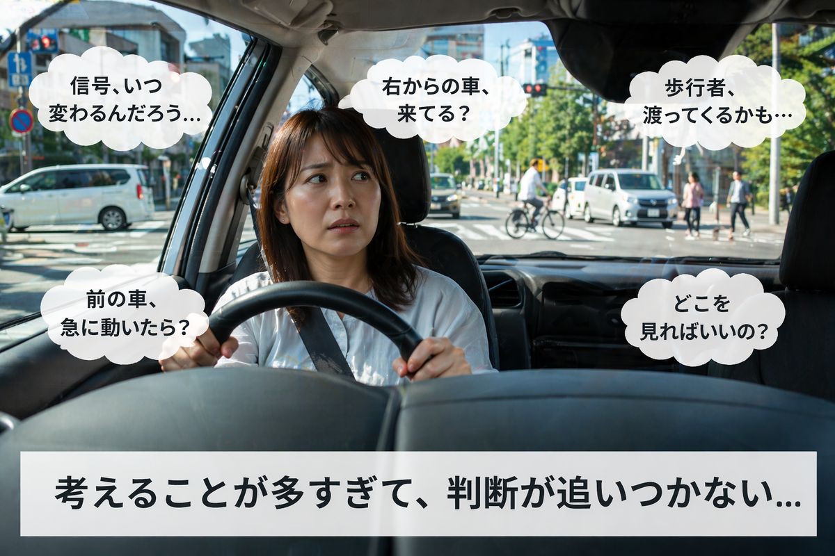 周囲の状況が多く判断が追いつかず焦ってしまう運転中の様子