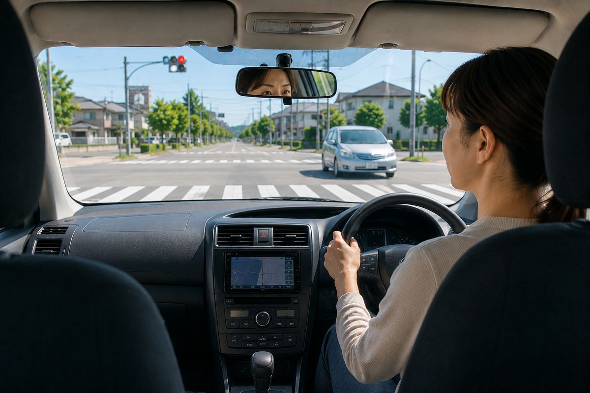 右折待ちで対向車と横断歩道を順番に確認し落ち着いて判断している様子