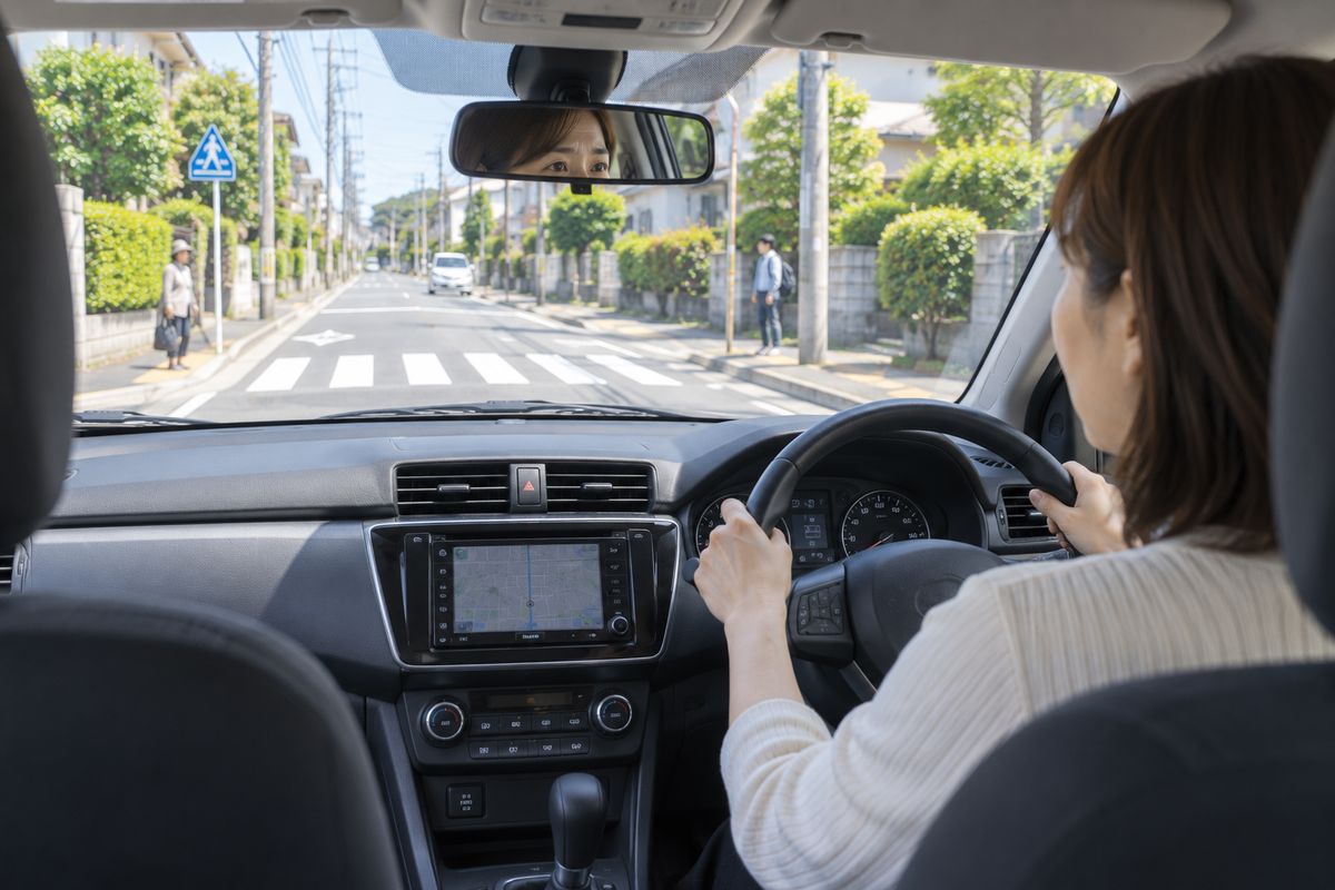 横断歩道が見えた段階から歩行者がいる可能性を考え、早めに左右を確認している場面
