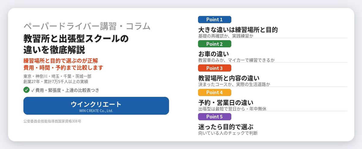 教習所と出張ペーパードライバースクールの違い