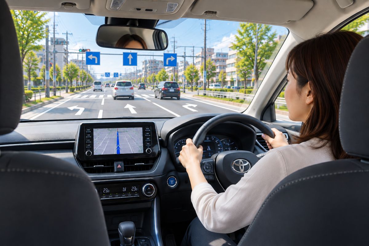 曲がり損ねても無理に戻らず、安全に直進しながら落ち着いて運転する日本人女性ドライバー